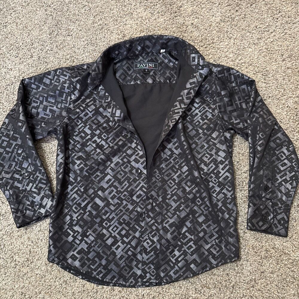 Pavini Metallic Gray Black BUTTON DOWN Dress SHIRT Boys Youth 6 Formal Stretch